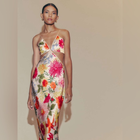 NWOT Reformation Poppies Silk Maxi Dress Cutout Floral Boho Garden Sz 4 - Picture 4 of 16